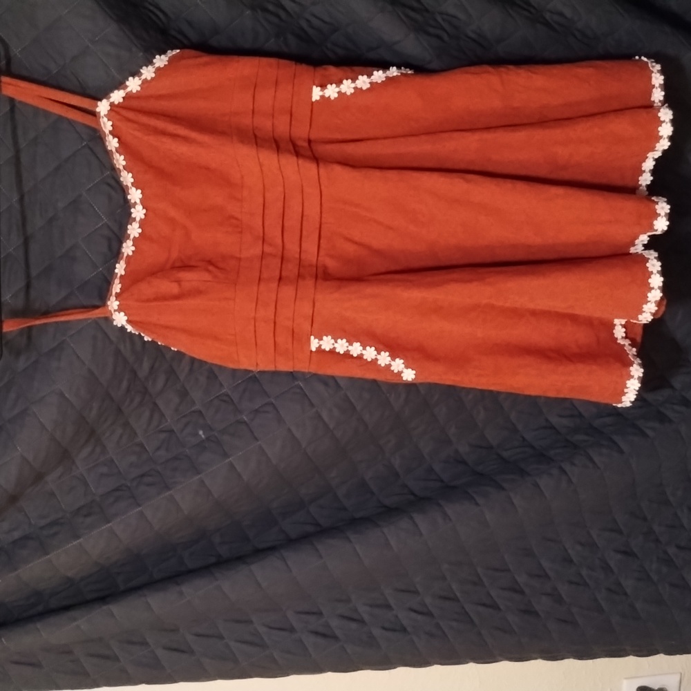 A retro rusty orange dress with daisies trim,xl 14/16